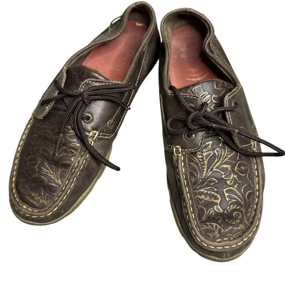 Twisted X Embossed Tooled Leather Driving Loafer Boat Shoes WDM0070 Women 8M